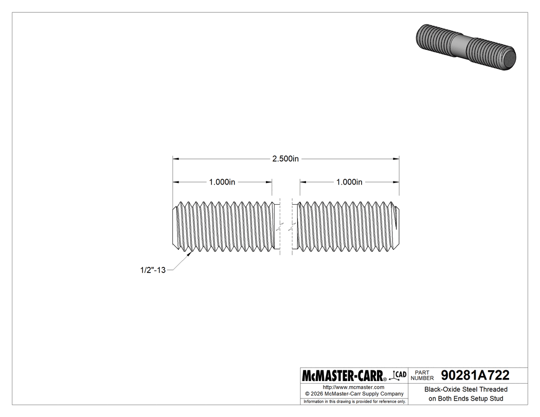 Technical Drawing of Black-Oxide Steel Threaded on Both Ends Setup Stud, 1/2"-13 Thread Size, 2-1/2" Long.